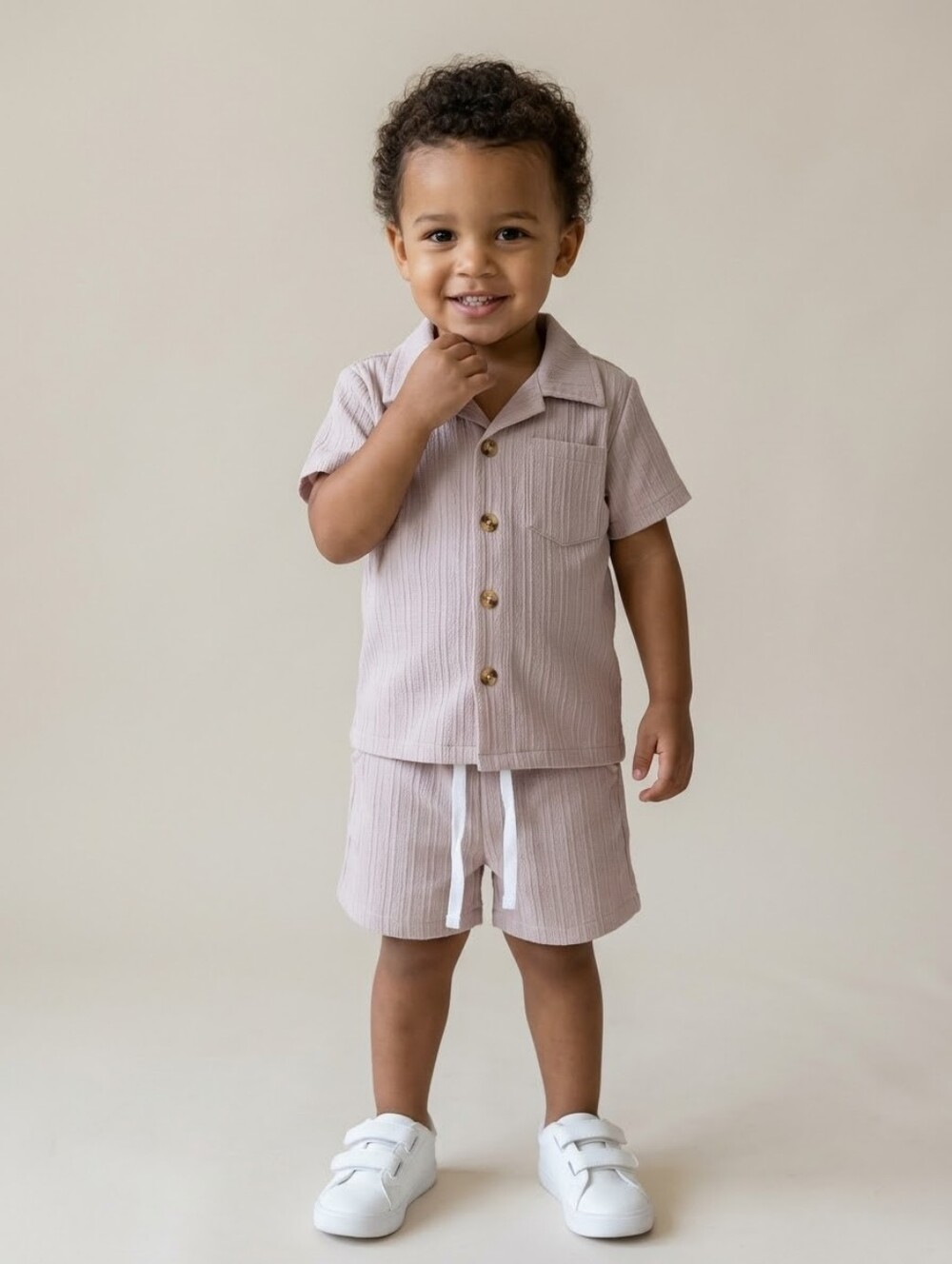 Toddler Short Sleeve Shirt & Drawstring Shorts Set - Beige